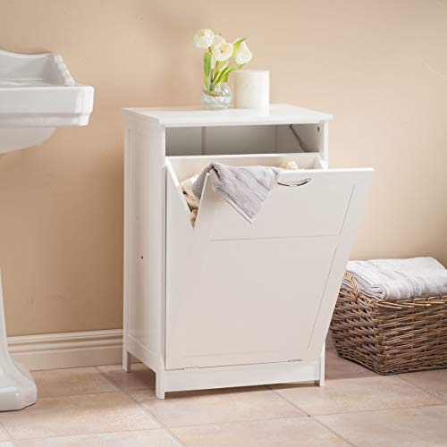 OakRidge Tilt Out Laundry Hamper Bin – Freestanding Bathroom Storage Cabinet – White – 29 ½” High Overall