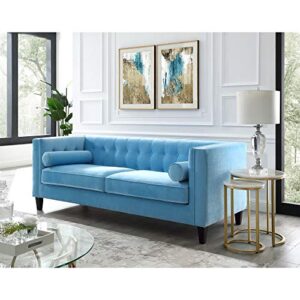inspired home sky blue velvet sofa - design: lotte | tufted | square arms | tapered legs | contemporary