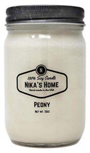 nika's home peony soy candle 12oz mason jar non-toxic white soy candle-hand poured candle- handmade, long burning 50-60 hours highly scented all natural, clean burning large candle gift décor