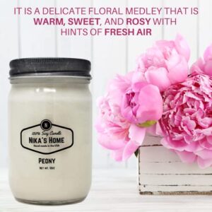 Nika's Home Peony Soy Candle 12oz Mason Jar Non-Toxic White Soy Candle-Hand Poured Candle- Handmade, Long Burning 50-60 Hours Highly Scented All Natural, Clean Burning Large Candle Gift Décor