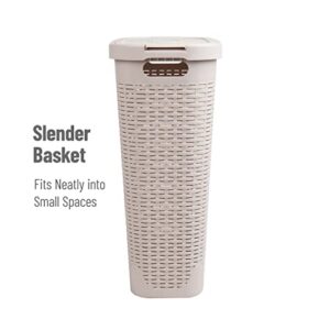 Mind Reader Basket Collection, Slim Laundry Hamper, 40 Liter (15kg/33lbs) Capacity, Cut Out Handles, Attached Hinged Lid, Ventilated, 18"L x 10.4"W x 23.5"H, Ivory