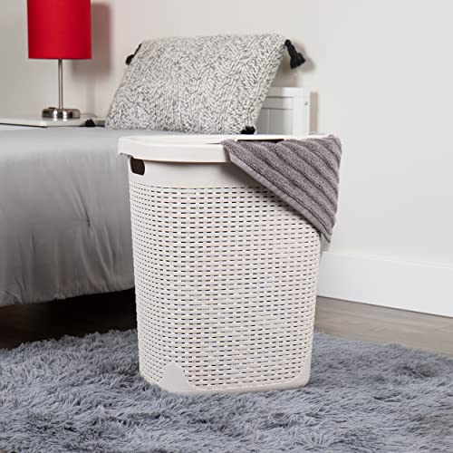 Mind Reader Basket Collection, Slim Laundry Hamper, 50 Liter (15kg/33lbs) Capacity, Cut Out Handles, Attached Hinged Lid, Ventilated, 17.65"L x 13.75"W x 21"H, Ivory