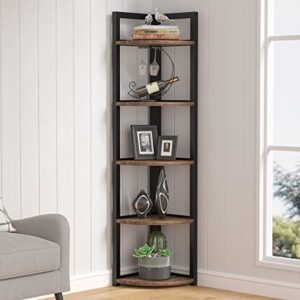 tribesigns 5 tier corner shelf, rustic corner bookshelf small bookcase storage rack plant stand for living room, home office, kitchen, small space (brown)