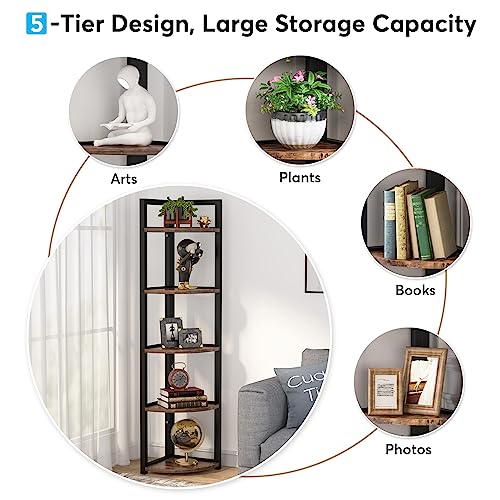 Tribesigns 5 Tier Corner Shelf, Rustic Corner Bookshelf Small Bookcase Storage Rack Plant Stand for Living Room, Home Office, Kitchen, Small Space (Brown)