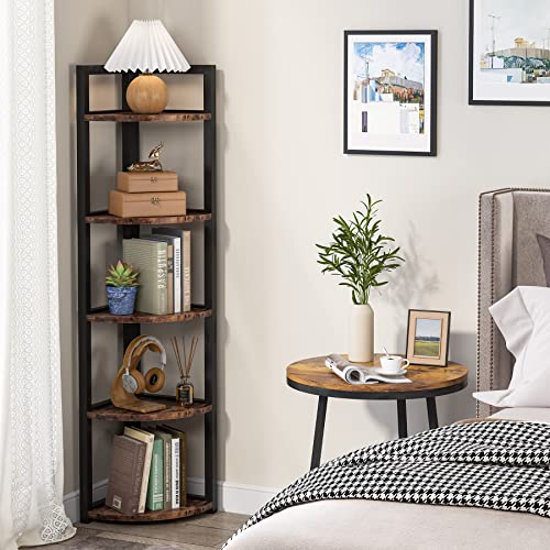 Tribesigns 5 Tier Corner Shelf, Rustic Corner Bookshelf Small Bookcase Storage Rack Plant Stand for Living Room, Home Office, Kitchen, Small Space (Brown)