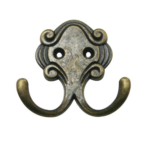 Wuuycoky Metal Elephant Nose Antique Brass Hardware Double Prong Robe Hook Clothes Hanger with Screws Pack of 4