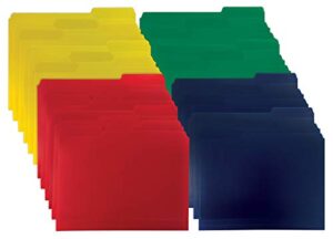 heavyweight poly file folders, 1/3 cut, top tab, 24 per box, by better office products, letter size, assorted colors-red, blue, yellow green, 24 per box