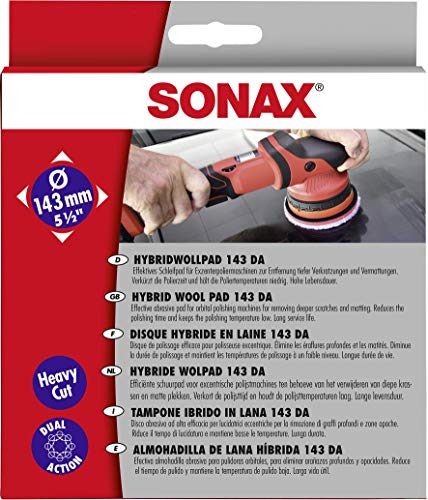 Sonax Hybrid Wool Pad 143mm / 5.5in (493800), Dual Action (DA) Cutting Pad, Fits 5 in Backing Plate, Synthetic Wool Fibers Placed on a Cutting Red Foam Pad