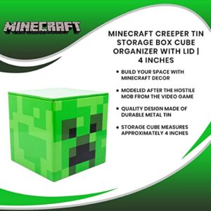 MINECRAFT Creeper 4-Inch Tin Storage Box Cube Organizer with Lid | Basket Container, Cubby Cube Closet Organizer, Home Decor Playroom Accessories | Video Game Toys, Gifts and Collectibles