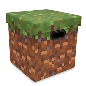 minecraft grassy block 13-inch storage bin chest with lid | foldable fabric basket container, cube organizer with handles, cubby for shelves, closet | home decor essentials, video game gifts