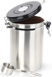 coffee canister - gorgeous stainless steel storage container with scoop - keeps your coffee airtight fresh and flavorful, 22oz