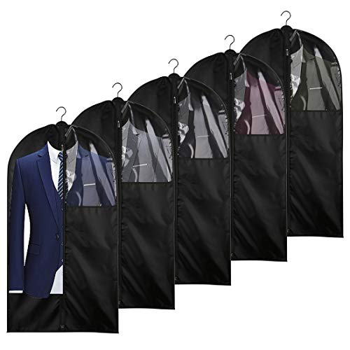 Foraineam 5 Pack 43 Inch Oxford Fabric Garment Bag Suit Cover Bags with Zipper and Transparent Window for Travel and Storage, Washable Suit Bag for Suits, Coats, Shirts, Dresses