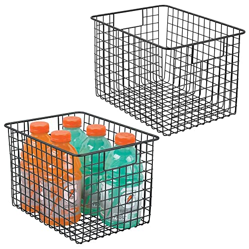 mDesign Metal Wire Food Storage Basket Organizer with Handles for Organizing Kitchen Cabinets, Pantry Shelf, Bathroom, Laundry Room, Closets, Garage - Concerto Collection - 2 Pack - Black