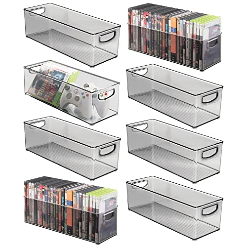 mDesign Plastic Video Game and DVD Storage Organizer - Game and Movie Disc Holder Bin with Handles for Home Media Console Stand and Closet Shelf - Ligne Collection - 8 Pack - Smoke Gray