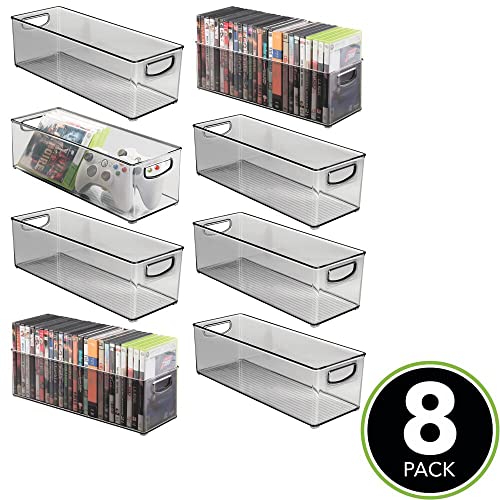 mDesign Plastic Video Game and DVD Storage Organizer - Game and Movie Disc Holder Bin with Handles for Home Media Console Stand and Closet Shelf - Ligne Collection - 8 Pack - Smoke Gray