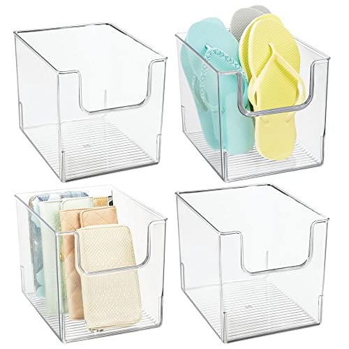 mDesign Modern Plastic Open Front Dip Storage Organizer Bin Basket for Closet Organization - Shelf, Cubby, Cabinet, and Cupboard Organizing Decor - Ligne Collection - 4 Pack - Clear