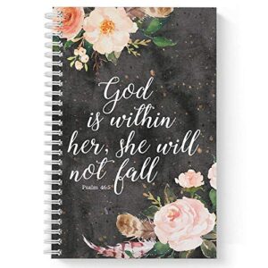 softcover she will not fall 5.5" x 8.5" religious spiral notebook/journal, 120 college ruled pages, durable gloss laminated cover, white wire-o spiral. made in the usa