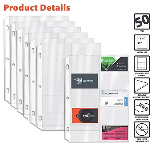 50/Box Clear Heavyweight Business Card Sleeve Pages, Refill Pages, 10 Pockets Per Sheet, 3 Ring Business Card Binder Sheets, by Better Office Products, 50 Count