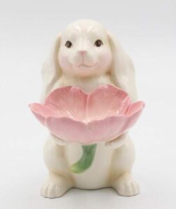 fine ceramic bunny rabbit holding pink tulip flowers candy candle plate figurine, 6-1/4" h