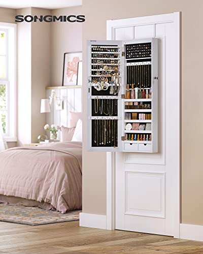 SONGMICS 6 LEDs Mirror Jewelry Cabinet, 42.5-Inch Tall Lockable Wall or Door Mounted Jewelry Armoire Organizer with Mirror, 2 Drawers, 3.7 x 14.6 x 42.5 Inches, White UJJC99WT