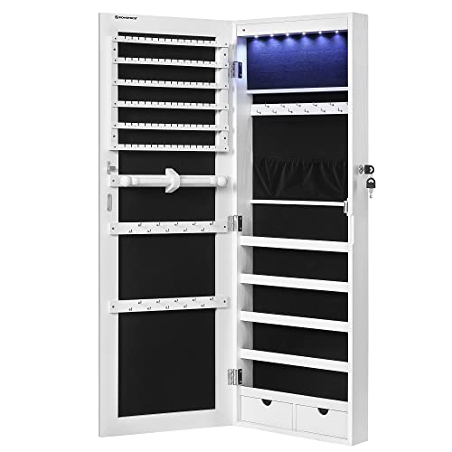 SONGMICS 6 LEDs Mirror Jewelry Cabinet, 42.5-Inch Tall Lockable Wall or Door Mounted Jewelry Armoire Organizer with Mirror, 2 Drawers, 3.7 x 14.6 x 42.5 Inches, White UJJC99WT