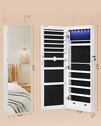 SONGMICS 6 LEDs Mirror Jewelry Cabinet, 42.5-Inch Tall Lockable Wall or Door Mounted Jewelry Armoire Organizer with Mirror, 2 Drawers, 3.7 x 14.6 x 42.5 Inches, White UJJC99WT