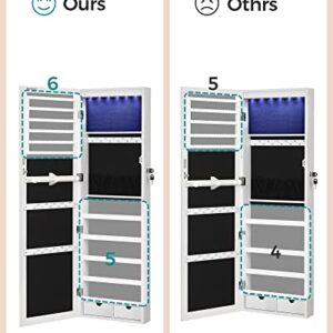 SONGMICS 6 LEDs Mirror Jewelry Cabinet, 42.5-Inch Tall Lockable Wall or Door Mounted Jewelry Armoire Organizer with Mirror, 2 Drawers, 3.7 x 14.6 x 42.5 Inches, White UJJC99WT