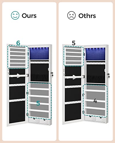 SONGMICS 6 LEDs Mirror Jewelry Cabinet, 42.5-Inch Tall Lockable Wall or Door Mounted Jewelry Armoire Organizer with Mirror, 2 Drawers, 3.7 x 14.6 x 42.5 Inches, White UJJC99WT