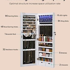 SONGMICS 6 LEDs Mirror Jewelry Cabinet, 42.5-Inch Tall Lockable Wall or Door Mounted Jewelry Armoire Organizer with Mirror, 2 Drawers, 3.7 x 14.6 x 42.5 Inches, White UJJC99WT