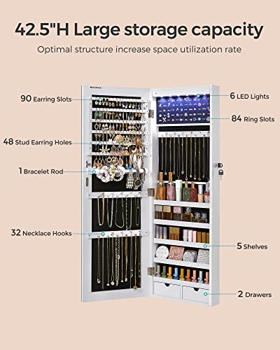 SONGMICS 6 LEDs Mirror Jewelry Cabinet, 42.5-Inch Tall Lockable Wall or Door Mounted Jewelry Armoire Organizer with Mirror, 2 Drawers, 3.7 x 14.6 x 42.5 Inches, White UJJC99WT