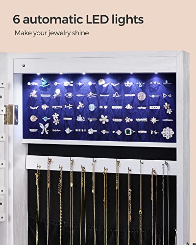 SONGMICS 6 LEDs Mirror Jewelry Cabinet, 42.5-Inch Tall Lockable Wall or Door Mounted Jewelry Armoire Organizer with Mirror, 2 Drawers, 3.7 x 14.6 x 42.5 Inches, White UJJC99WT