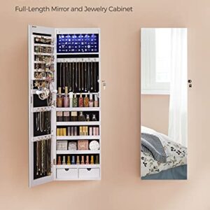 SONGMICS 6 LEDs Mirror Jewelry Cabinet, 42.5-Inch Tall Lockable Wall or Door Mounted Jewelry Armoire Organizer with Mirror, 2 Drawers, 3.7 x 14.6 x 42.5 Inches, White UJJC99WT