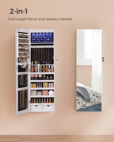 SONGMICS 6 LEDs Mirror Jewelry Cabinet, 42.5-Inch Tall Lockable Wall or Door Mounted Jewelry Armoire Organizer with Mirror, 2 Drawers, 3.7 x 14.6 x 42.5 Inches, White UJJC99WT