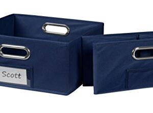 Cheer Home Storage Set of 2 Foldable Fabric Low Square Storage Bins- Navy Blue