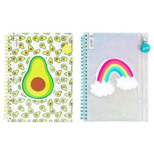 yoobi college-ruled spiral notebooks with pencil zipper pouches | fun green avacado print | cute rainbow glitter | 2-pack | 60 sheets, multicolor