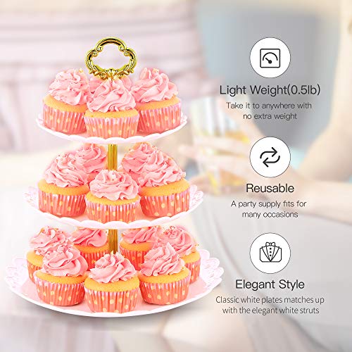 NWK Large 3-Tier Cupcake Stand 10.9Inch Plastic Serving Tray for Wedding Birthday Baby Shower Summer Autumn Halloween Party (Gold)