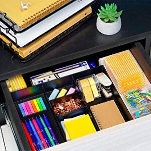 CAXXA 2 Pack 3 Slot Drawer Organizer with Two Adjustable Dividers - Junk Drawer Storage for Office Desk Supplies and Accessories, Black (2 Pack)
