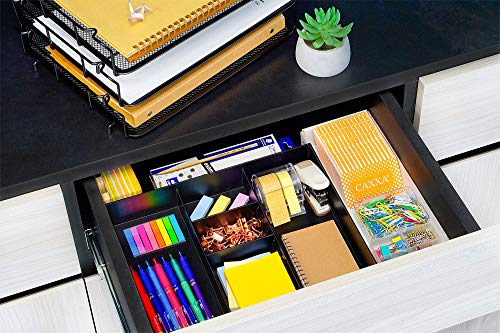 CAXXA 2 Pack 3 Slot Drawer Organizer with Two Adjustable Dividers - Junk Drawer Storage for Office Desk Supplies and Accessories, Black (2 Pack)
