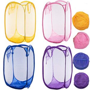 qtopun mesh popup laundry hamper, 4 pack foldable portable dirty clothes basket for bedroom, kids room, college dormitory and travel (yellow,pink, purple,dark blue)