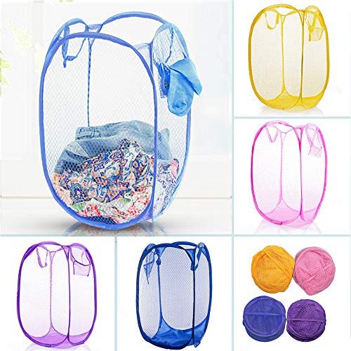 Qtopun Mesh Popup Laundry Hamper, 4 Pack Foldable Portable Dirty Clothes Basket for Bedroom, Kids Room, College Dormitory and Travel (Yellow,Pink, Purple,Dark Blue)