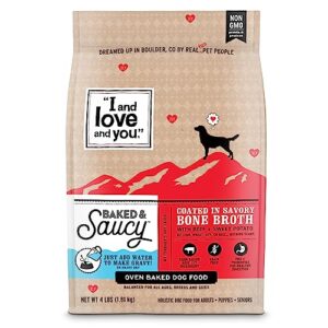 "i and love and you" baked and saucy dry dog food with gravy coating, beef and sweet potato recipe, grain free, coated in bone broth, prebiotics and probiotics, real meat, no fillers, 4 lb bag