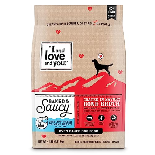 "I and love and you" Baked and Saucy Dry Dog Food with Gravy Coating, Beef and Sweet Potato Recipe, Grain Free, Coated in Bone Broth, Prebiotics and Probiotics, Real Meat, No Fillers, 4 lb Bag