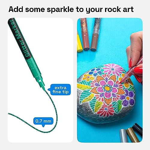 Glitter Paint Pens for Rock Painting, Stone, Ceramic, Glass, Wood, Fabric, Scrapbooking, DIY Craft Making, Art Supplies, Card Making, Coloring. Set of 12 Acrylic Glitter Markers Extra-Fine Tip 0.7mm