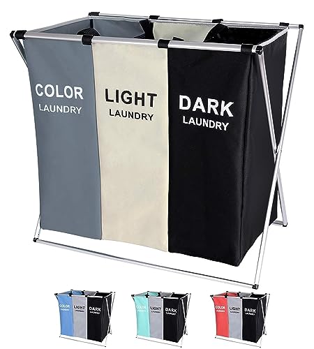 Foldable Laundry Basket, 135L Laundry Hamper Sorter 3 Sections Bag Bin with Aluminum Frame 24'' × 14'' x 23'' Dirty Clothes Closet Storage and organizer in Laundry Room Bedroom Home (White+Grey+Black)