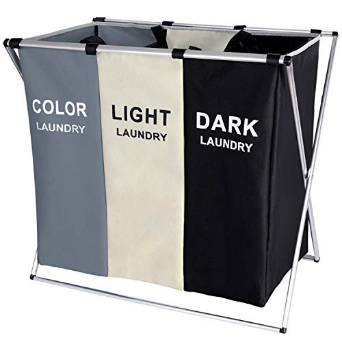 Foldable Laundry Basket, 135L Laundry Hamper Sorter 3 Sections Bag Bin with Aluminum Frame 24'' × 14'' x 23'' Dirty Clothes Closet Storage and organizer in Laundry Room Bedroom Home (White+Grey+Black)