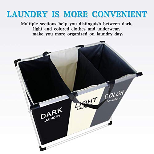 Foldable Laundry Basket, 135L Laundry Hamper Sorter 3 Sections Bag Bin with Aluminum Frame 24'' × 14'' x 23'' Dirty Clothes Closet Storage and organizer in Laundry Room Bedroom Home (White+Grey+Black)