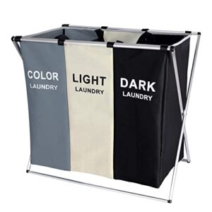 Foldable Laundry Basket, 135L Laundry Hamper Sorter 3 Sections Bag Bin with Aluminum Frame 24'' × 14'' x 23'' Dirty Clothes Closet Storage and organizer in Laundry Room Bedroom Home (White+Grey+Black)