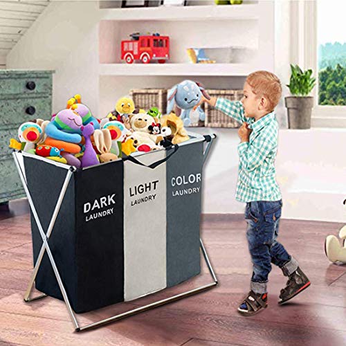 Foldable Laundry Basket, 135L Laundry Hamper Sorter 3 Sections Bag Bin with Aluminum Frame 24'' × 14'' x 23'' Dirty Clothes Closet Storage and organizer in Laundry Room Bedroom Home (White+Grey+Black)