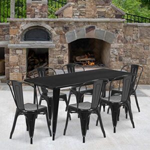 emma + oliver commercial grade rectangular black metal indoor-outdoor table set-6 stack chairs