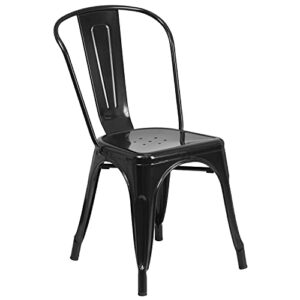 EMMA + OLIVER Commercial Grade Rectangular Black Metal Indoor-Outdoor Table Set-6 Stack Chairs